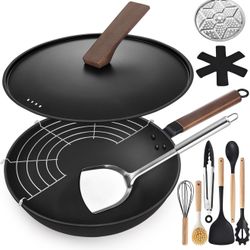 13'' Carbon Steel Wok, 12 Piece Wok Pan & Stir-Fry Pans Set with Lid & Cookwares, No Chemical Coated Flat Bottom Chinese Wok All Stoves