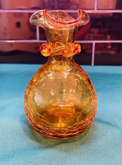 Vintage Handblown crackle Orange Bud vase with applied neck decoration