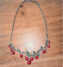 Betsey Johnson antique gunmetal-tone cherry bib necklace