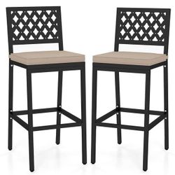 Set of 2 Outdoor Bar Height Dining Chairs Patio Metal Bar Stools with Cushion