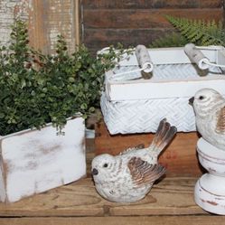 Shabby White French Country Farmhouse Cottage Birds Candle Holder Box Arrangement Basket Bundle