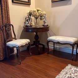 Antique Bench & Chair Set , Carved Wood, New Upholstery! Bench 30”/16.5” 