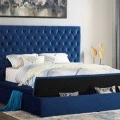 Brand New Blue Velvet Tufted Bed With Storage Queen Size Bed Frame