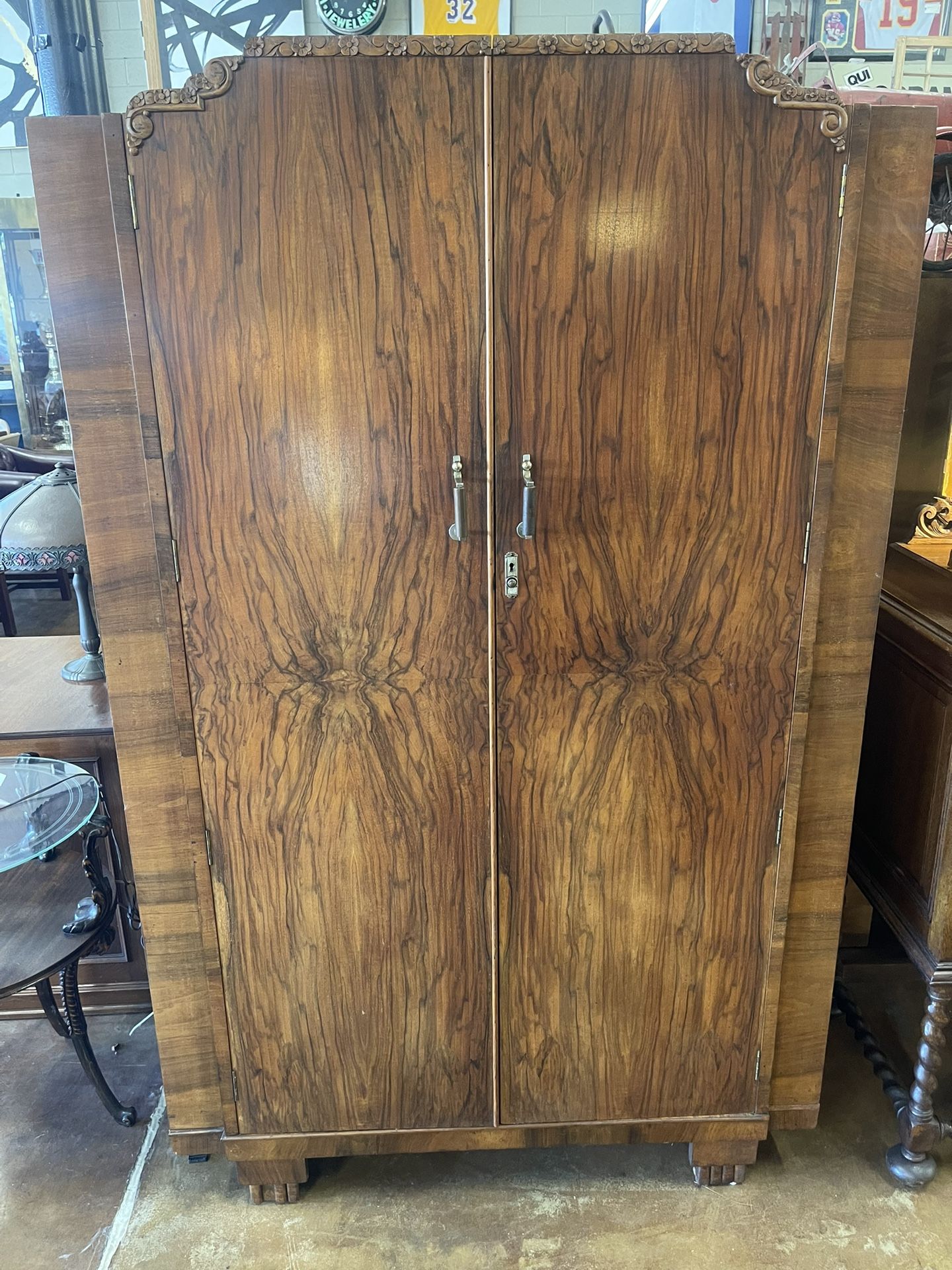1930’s Art Deco Burled Walnut Armoire / Wardrobe