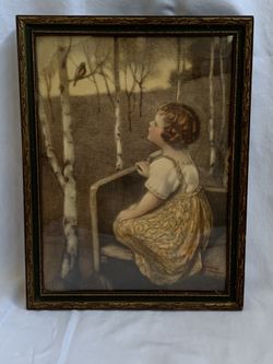 Antique John Drescher Co Hand Colored Lithograph "Songbird" Framed 13” x 10”