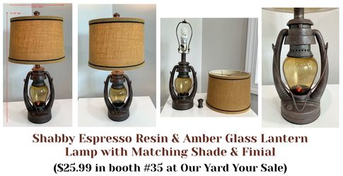 Shabby Espresso Resin & Amber Glass Lantern Lamp with Matching Shade & Finial