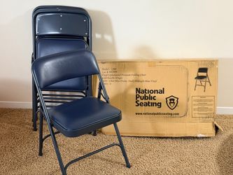 Metal Folding Chair x4 - National Public Seating Vinyl Upholstered Premium Folding Chair w/ Double Hinges - Blue