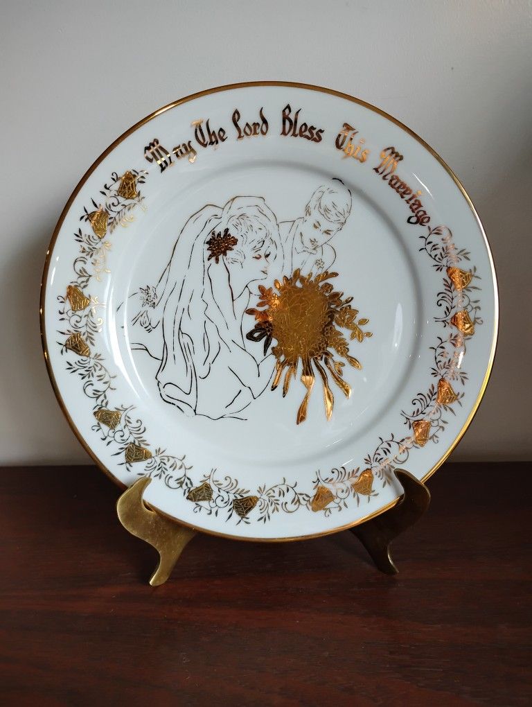 Vtg ' May The Lord Bless This Marriage ' Gold Wedding Embossed  Plate / Platter
