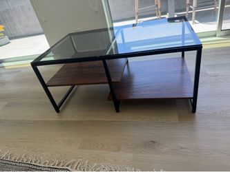 Modern Glass Coffee Table with Storage Shelf - Black/Walnut Finish