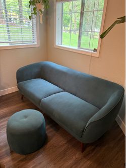 Mid-Century Modern Teal Velvet Loveseat Sofa + Ottoman Set – $450