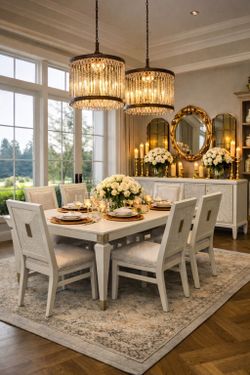 😍 Brand New White Solid Wood 7-Piece Dining Table Set with 6 Chairs | Luxury Kitchen & Dining Room Furniture | Pay After Delivery 🚚