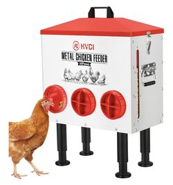 35lbs - 45lbs Large Automatic Chicken Feeder Adjustable Stand, 6 Feeding Ports, Sloped Roof Rainproof Design Poultry Feeder