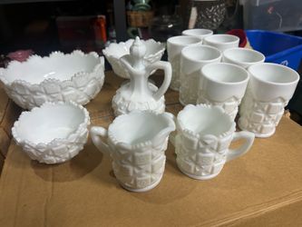Westmoreland White Milk Glass Drinkware & Serving Lot: Mug, Bowls, Pitcher