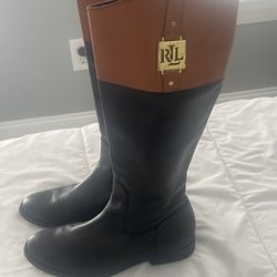 Womens Boots-LAUREN RALPH LAUREN-black/brown "Jaden" leather Equestrian-