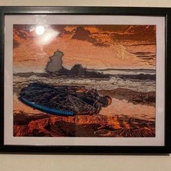the millennium falcon flying over a desert custom art in black frame