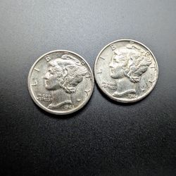 Two Bu. Mercury 1940s Silver Dimes