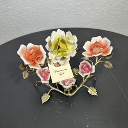 Vintage Capodimonte Italian Porcelain Rose Flowers Metal Leaf Stand