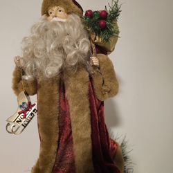 $15.00 - 16" Vintage Christmas Santa Tree Topper Or Tabletop Decor - Brass Metal Sleigh!  Gorgeous Velvet & Fur Coat & many Design  Details!  