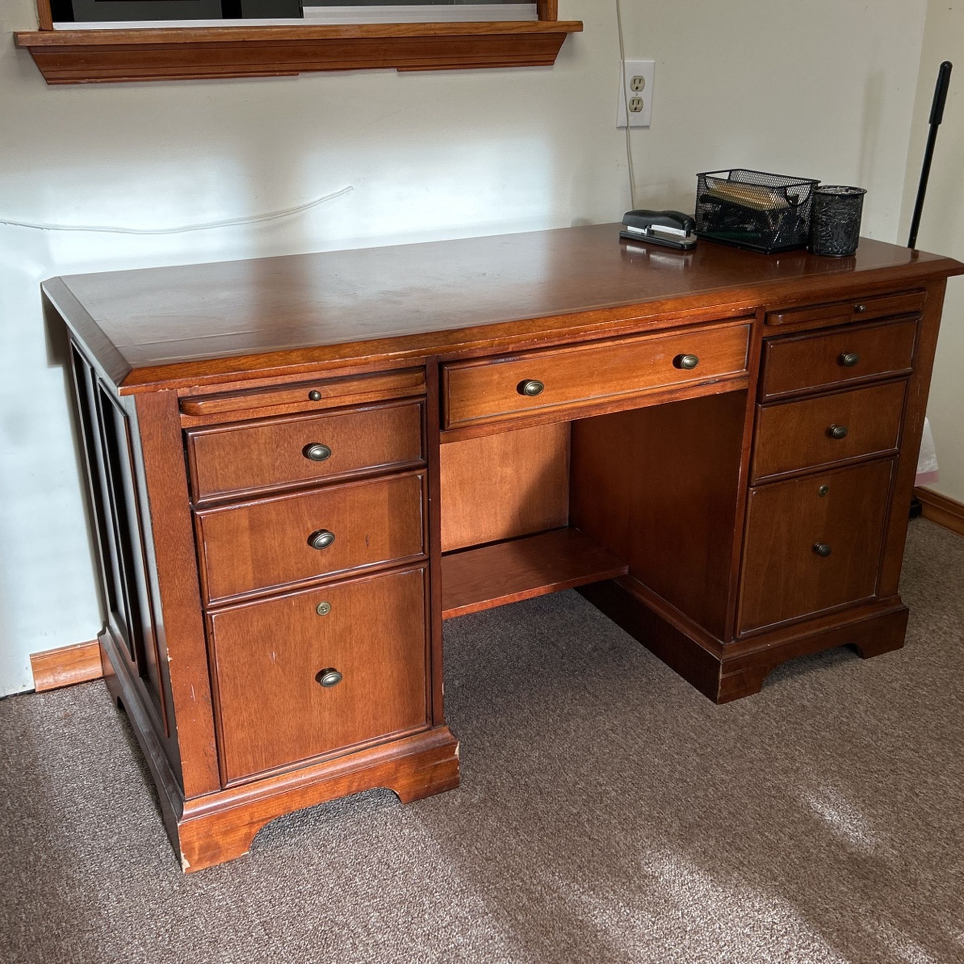 Solid hardwood desk with two filing cabinets