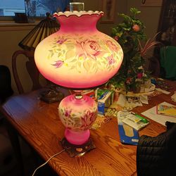  REALLY BIG Antique Hurricane Lamp With Top And Bottom Lighting  VERY COLORFUL SUPER NICE 