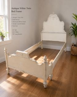 Antique White Twin Bed Frame | Vintage Solid Wood Headboard & Footboard