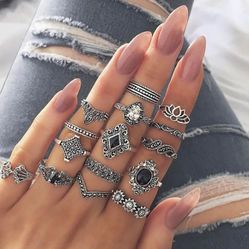 15 Piece Silver Boho Lotus Sunflower Chic Festival Ring Set