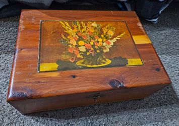 Vintage Cedar Jewelry Keepsake Box Floral Decoupage Lid Mid Century
