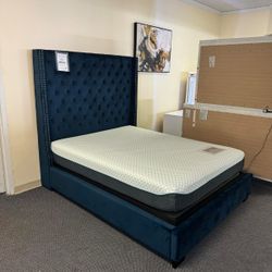 Blue/Black/Gray Upholstered Velvet Bed Frame Queen or King Bed