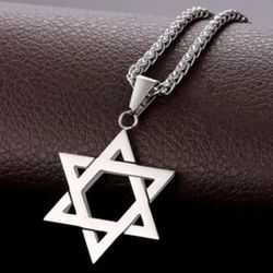 UNISEX MENS NEW SILVER STAR OF DAVID LARGE PENDANT WITH 24"EXTRA LONG CHAIN NECKLACE 