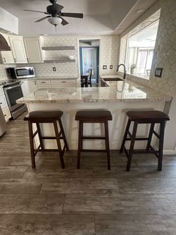 Set of 3 Dark Wood Backless Bar Stools
