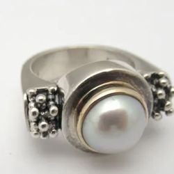 Preowned Michael Dawkins Sterling Silver, 14K Yellow Gold, & Pearl Ring