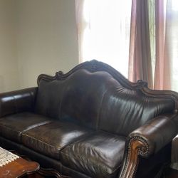 Wood Trim Leather Sofa