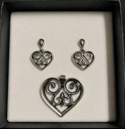 James Avery Retired Large French Scroll Heart Pendant & Earrings