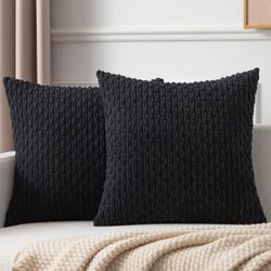 Kevin Textile Set of 2 Decorative Pillow Cover Solid Striped Corduroy Plush Velvet Cushion Cover for Couch 50cm 20 x 20 Inch Black