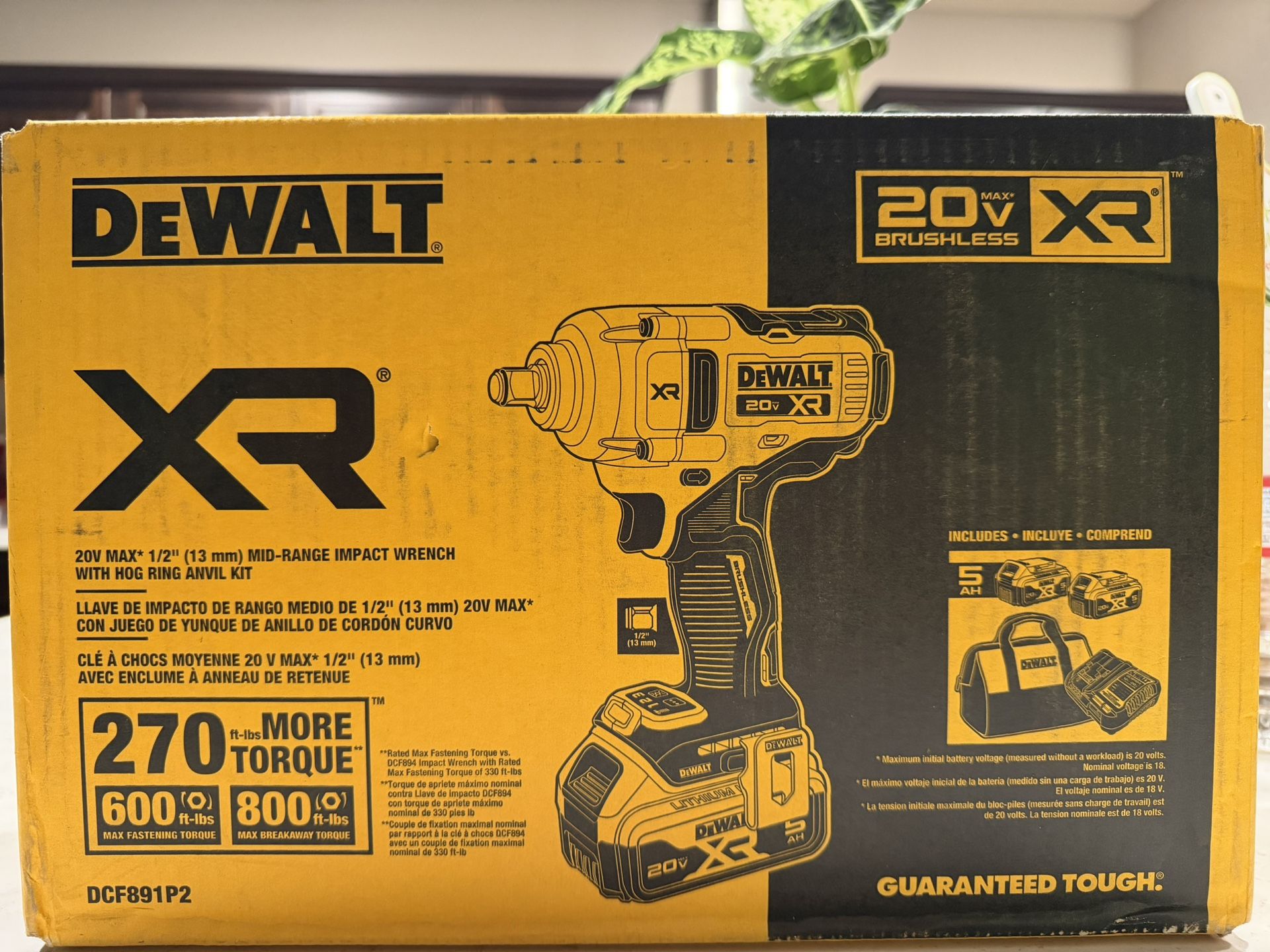 DeWalt XR 20V MAX 1/2 in. Cordless Brushless Mid-Range Impact Wrench Kit (2 XR 5AH Battery & Charger) New In Box 