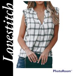 Lovestitch Women's V-Neck Tops Plaid Sleeveless Vest Shirts Loose Blouses small