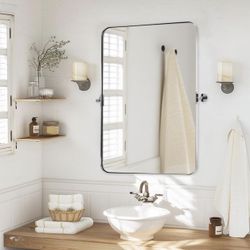   Chrome Pivot Bathroom Mirror, 20x30 Chrome Tilting Wall Vanity Mirror, Rounded Rectangle Metal Frame Pivots Vertically Only