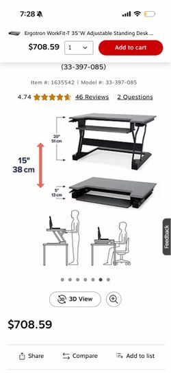 Ergotron WorkFit-T 35"W Adjustable Standing Desk Converter,