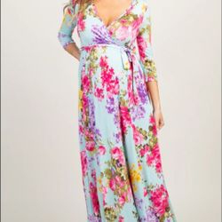 Pinkblush Mint Floral Sash Tie Dress Blue Maternity/Nursing 
