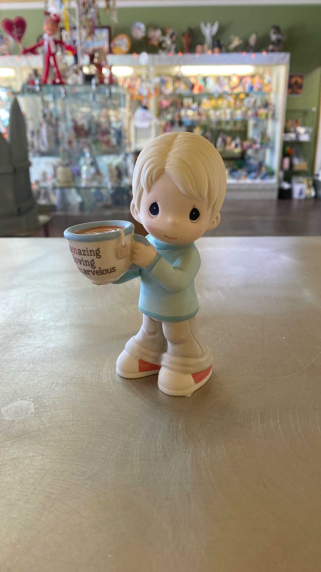 Precious Moments Boy Holding Mug With MOM Acronym Figurine