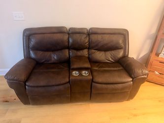 Brown Leather Reclining Loveseat with Console