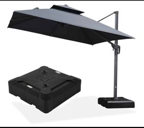 350 lb. Fillable Base w/ Wheels. 11 ft x 11 ft Double Top Cantilever Tilt Patio Umbrella.