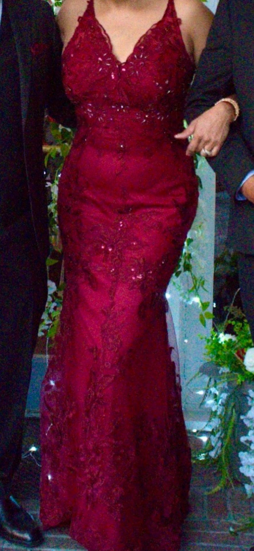 Burgundy Beaded Long Gown With A Slight Lace Tail In The Back Dress