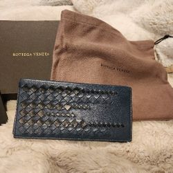 Bottega Veneta Intrecciato Pattern Long Bifold Wallet  Navy Leather