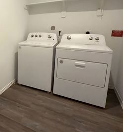 For Sale: Whirlpool Top-Load Washer & Electric Dryer Set + Accessories Included!