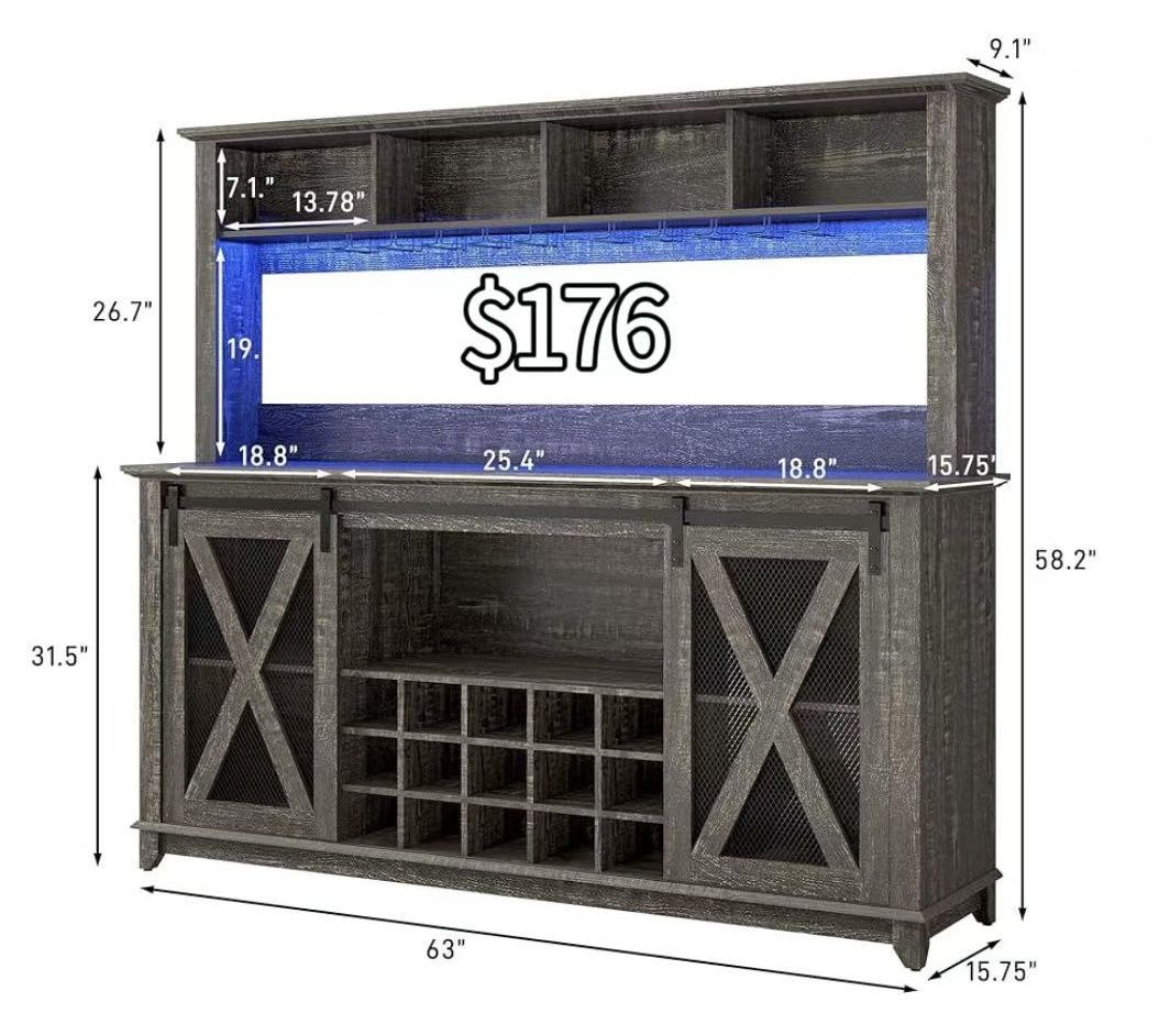 ✌️ 63"Wide 58"H Farmhouse Coffee Bar Cabinet with LED Light,Wine Bar Cabinet with 4 Storage Hutch,Kitchen Buffet Cabinet with Sliding Barn Door