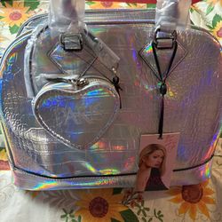Silver holographic Paris Hilton bag with heart charm #holographic