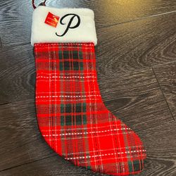 LETTER P WONDERSHOP TARGET Plaid  RED CHRISTMAS STOCKING MONOGRAM RED 18" NEW