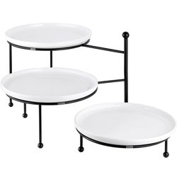 NEW  3 Tiered Serving Stand with White Porcelain Plates, 10" Round Tray, Dessert Table Display Set, Round Dishes with Black Metal Display Stand for Ve