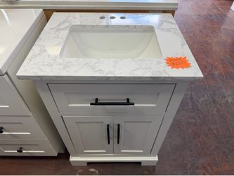 Doveton 24 in. Single Sink Freestanding White Bath Vanity with White Engineered Marble Top  24 x 19"   $260